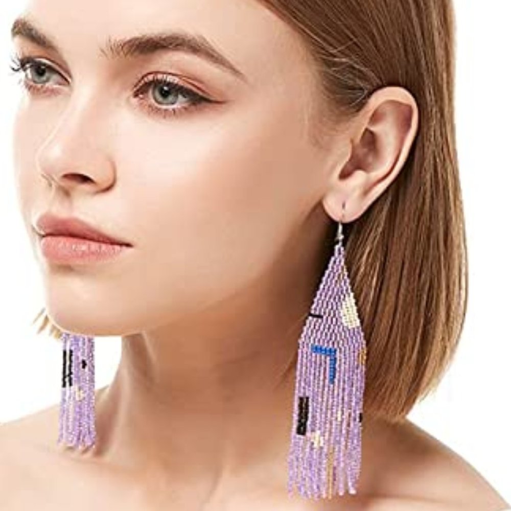 Long 5" Multicolor Abstract Lavender Handmade Beaded Oversized Boho Earrings New
